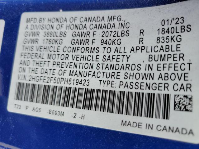 2HGFE2F50PH519423 Honda Civic Sport