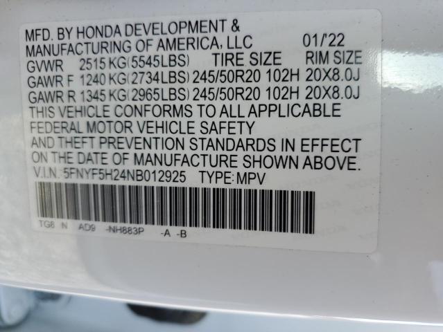 5FNYF5H24NB012925 Honda PILOT SE