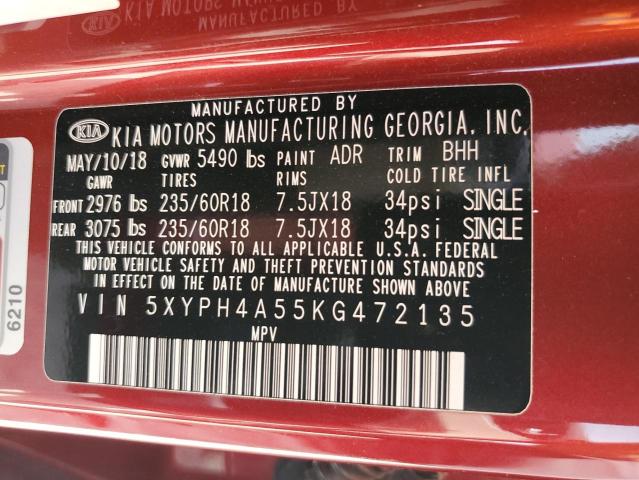 5XYPH4A55KG472135 KIA SORENTO EX