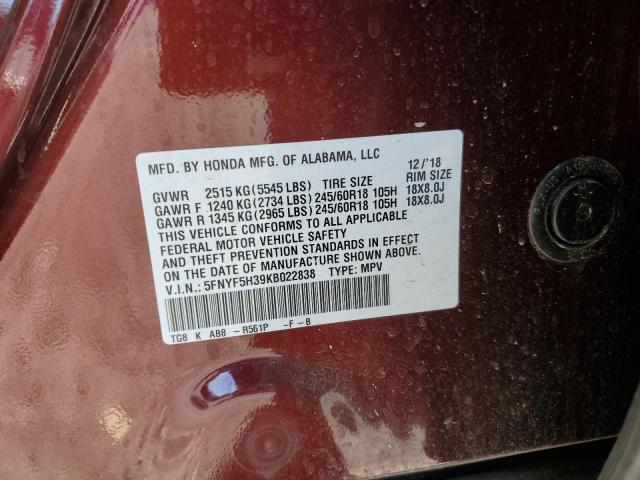 5FNYF5H39KB022838 Honda Pilot Ex