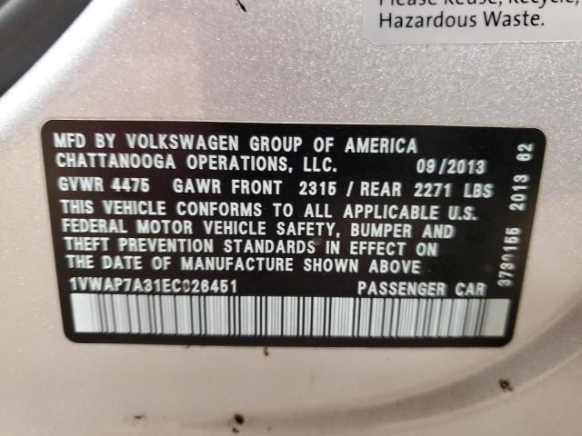 1VWAP7A31EC026451 Volkswagen PASSAT S