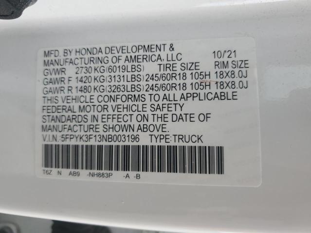 5FPYK3F13NB003196 Honda Ridgeline Sport