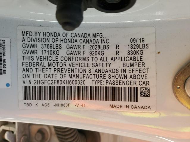 2HGFC2F80KH600320 Honda Civic Sport