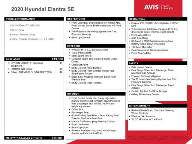 5NPD74LF7LH593075 Hyundai ELANTRA SE