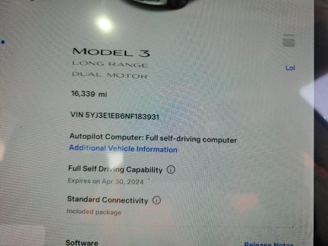 5YJ3E1EB6NF183931 Tesla MODEL 3