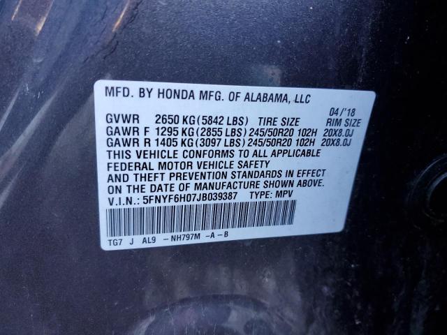 5FNYF6H07JB039387 Honda Pilot Elite