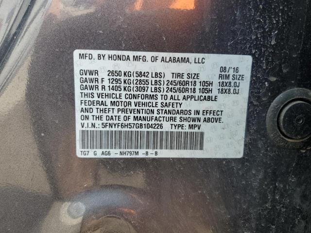 5FNYF6H57GB104226 Honda PILOT EXL