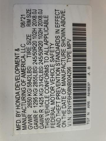 5FNYF6H08NB004296 Honda Pilot Elite