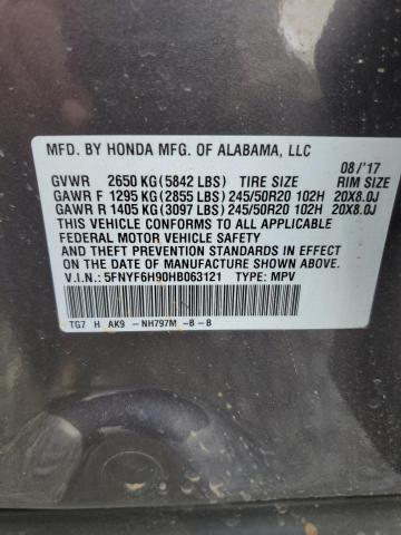 5FNYF6H90HB063121 Honda Pilot Touring