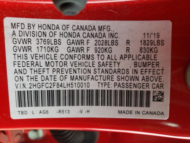 2HGFC2F84LH510010 Honda Civic Sport