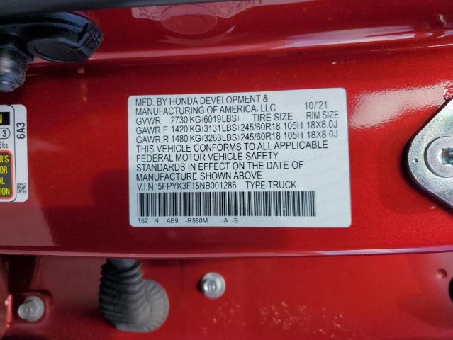 5FPYK3F15NB001286 Honda Ridgeline Sport