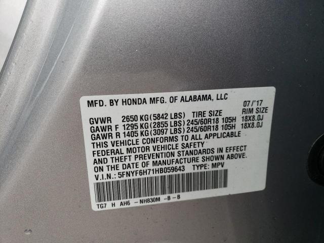 5FNYF6H71HB059643 Honda PILOT EXLN