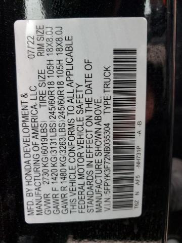 5FPYK3F72NB035304 Honda Ridgeline Rtl
