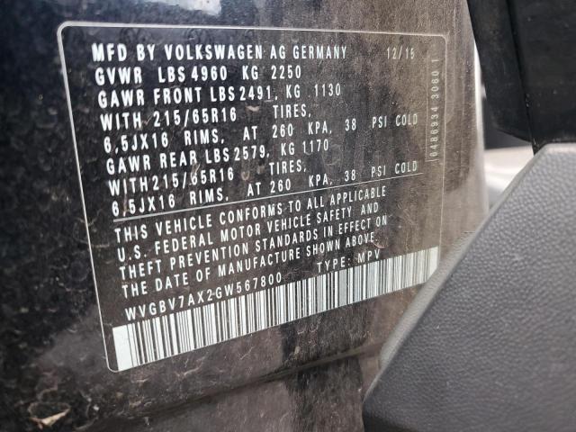 WVGBV7AX2GW567800 Volkswagen TIGUAN S