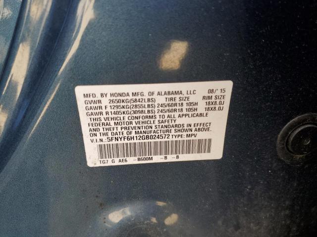 5FNYF6H12GB024572 Honda PILOT LX