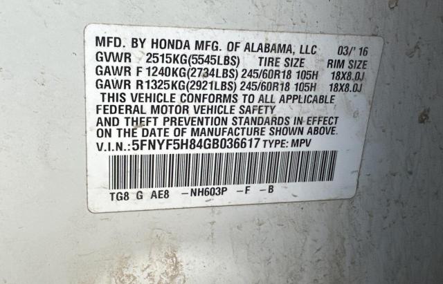 5FNYF5H84GB036617 Honda PILOT EXL
