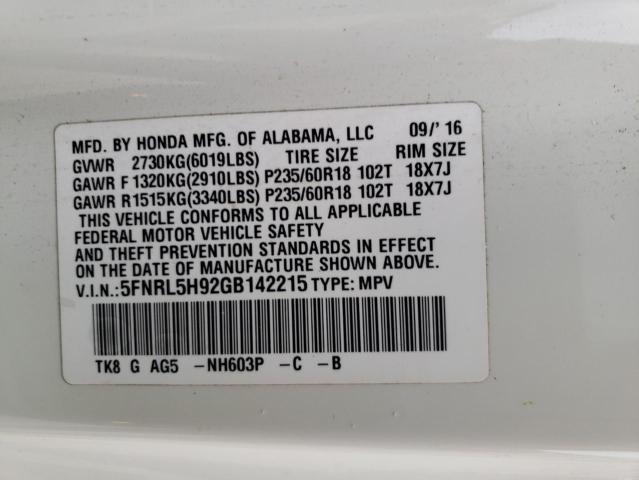 5FNRL5H92GB142215 Honda Odyssey Touring