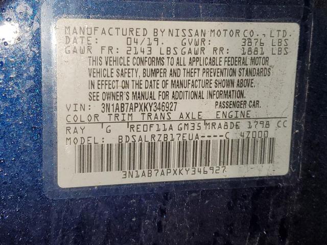 3N1AB7APXKY346927 Nissan SENTRA S