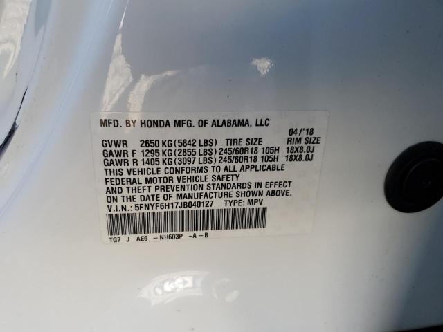 5FNYF6H17JB040127 Honda PILOT LX