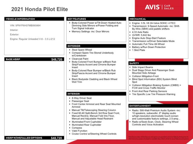 5FNYF6H07MB065864 Honda Pilot Elite