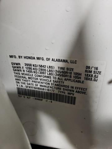 5FNYF6H80GB116177 Honda PILOT EXL
