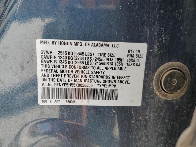 5FNYF5H55KB026855 Honda PILOT EXL