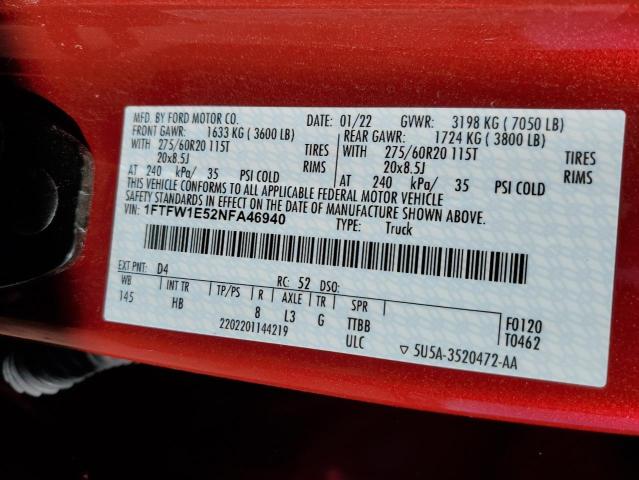 1FTFW1E52NFA46940 Ford F150 Supercrew