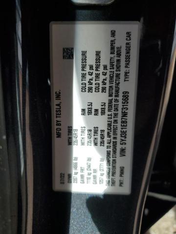 5YJ3E1EB7NF315689 Tesla MODEL 3