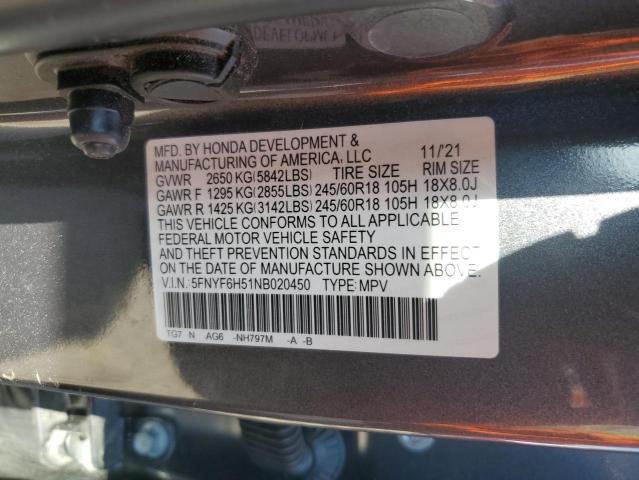 5FNYF6H51NB020450 Honda PILOT EXL