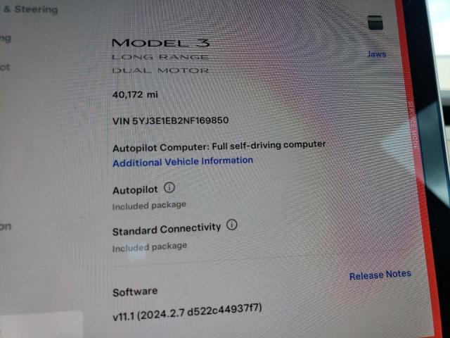 5YJ3E1EB2NF169850 Tesla MODEL 3