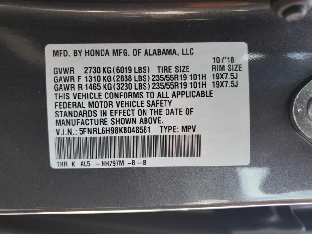 5FNRL6H98KB048581 Honda Odyssey Elite