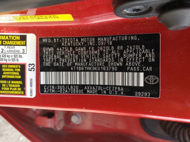 4T1B61HK9KU163790 Toyota CAMRY XSE