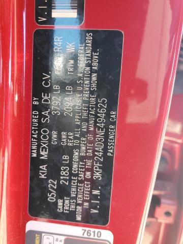 3KPF24AD3NE494625 KIA FORTE FE