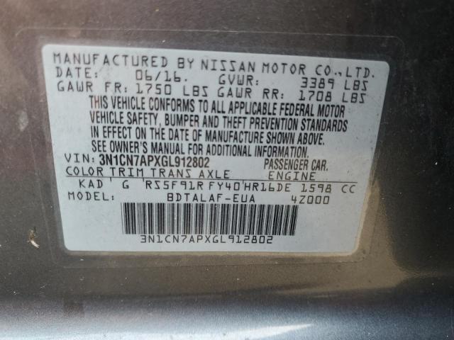 3N1CN7APXGL912802 Nissan VERSA S