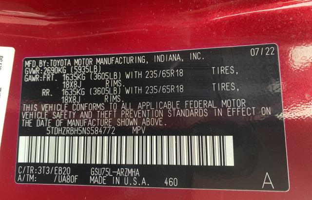 5TDHZRBH5NS584772 Toyota Highlander