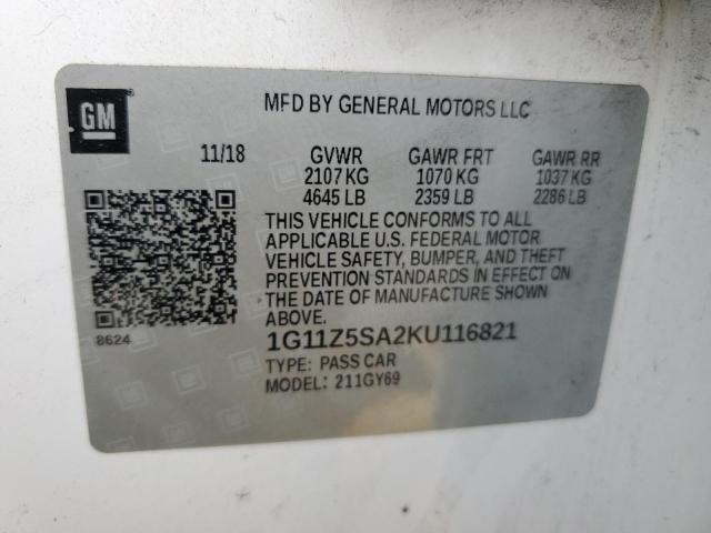1G11Z5SA2KU116821 Chevrolet lcv - spark ignited direct injection, dcvcp, variable valve timing, e85 max, e0-e100, alum