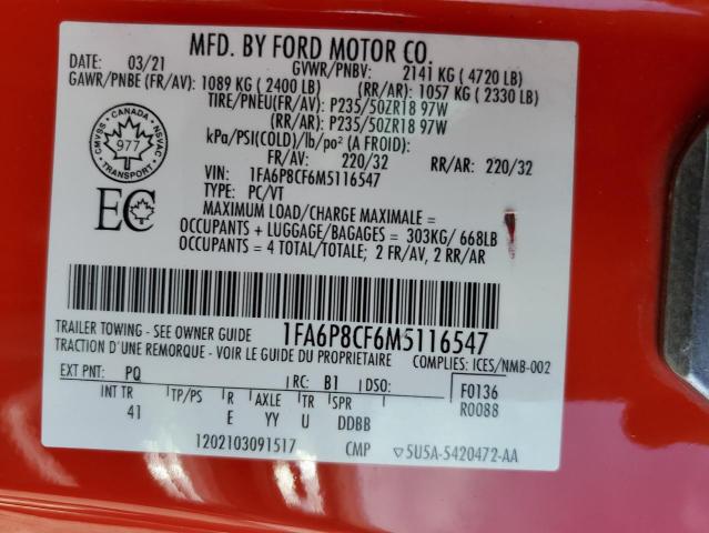 1FA6P8CF6M5116547 Ford MUSTANG GT