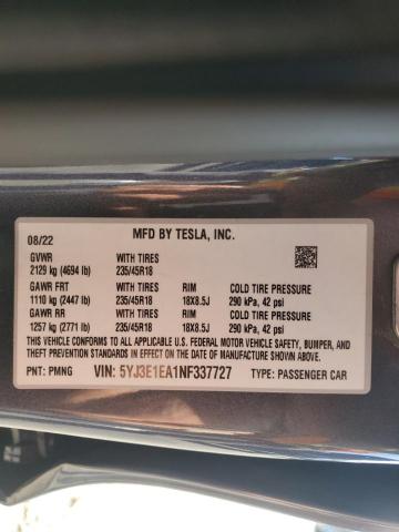 5YJ3E1EA1NF337727 Tesla MODEL 3