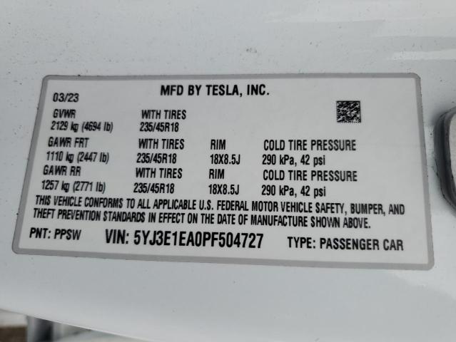 5YJ3E1EA0PF504727 Tesla MODEL 3