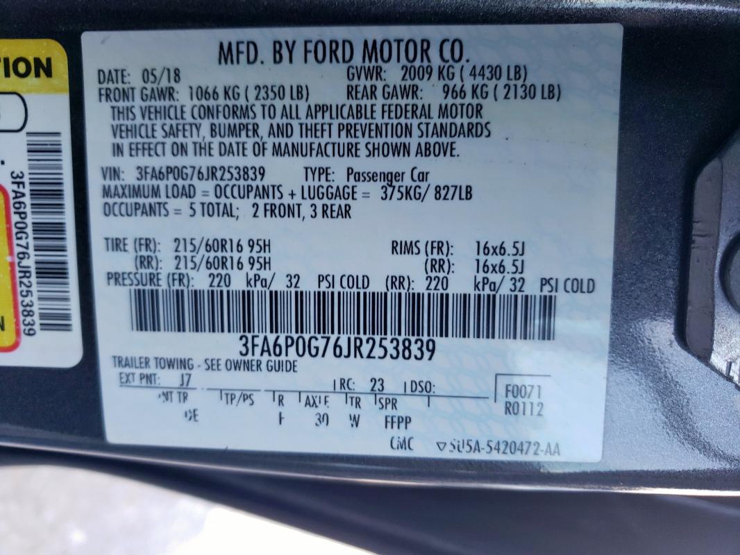 3FA6P0G76JR253839 Ford FUSION S