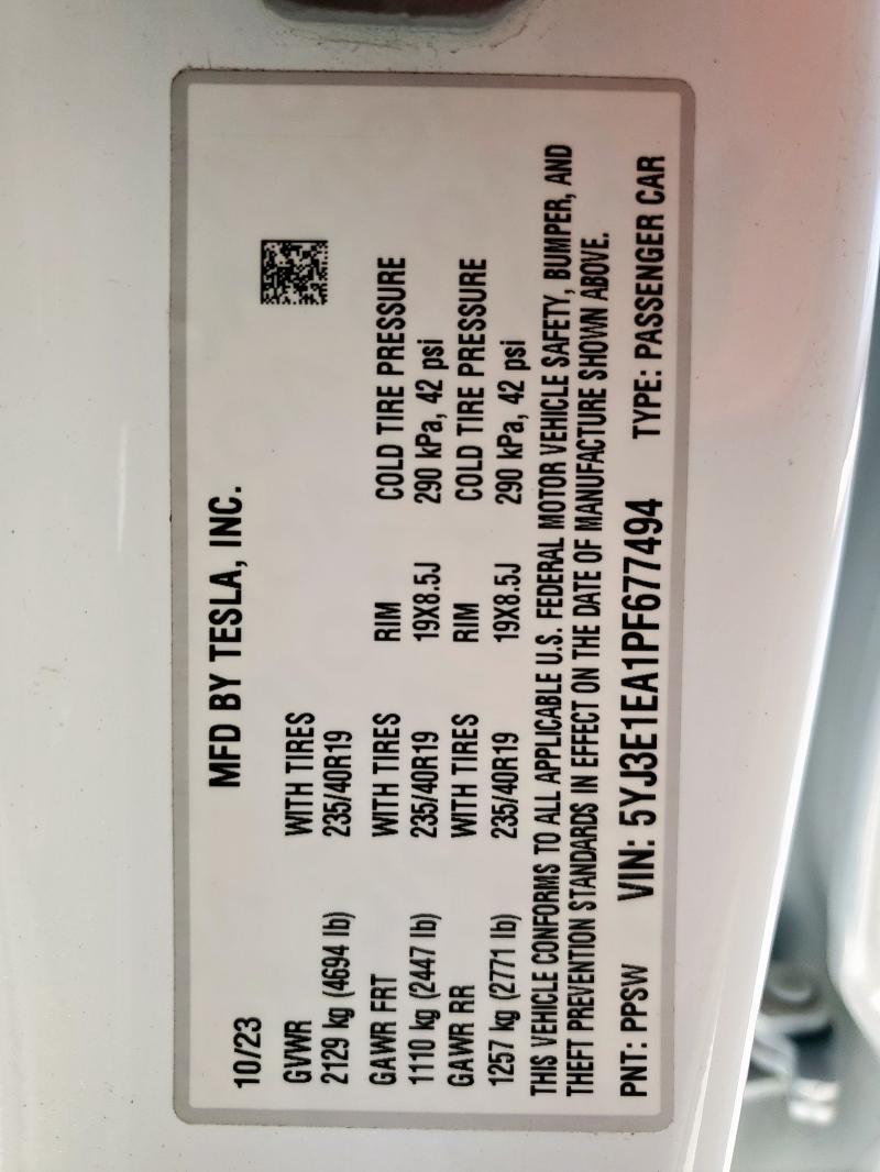 5YJ3E1EA1PF677494 Tesla MODEL 3