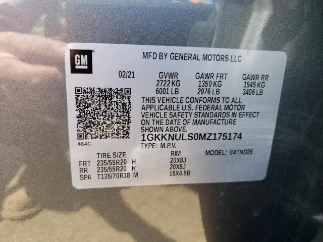 1GKKNULS0MZ175174 GMC ACADIA SLT