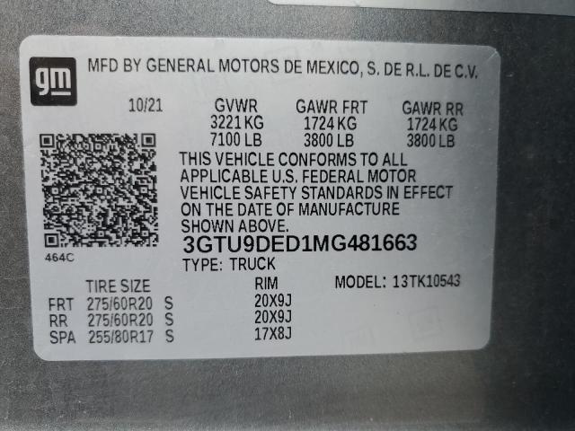 3GTU9DED1MG481663 GMC Sierra K1500 Slt