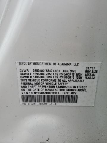 5FNYF6H57HB014981 Honda PILOT EXL