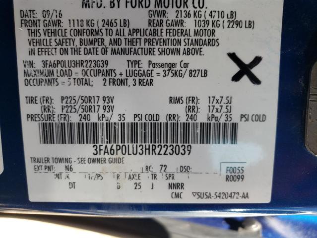 3FA6P0LU3HR223039 Ford Fusion Se Hybrid