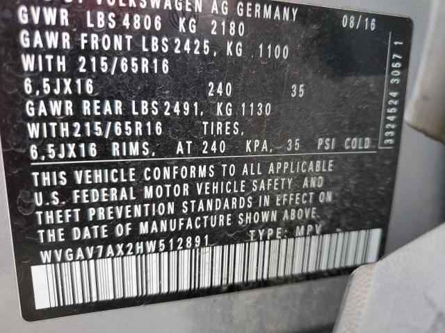 WVGAV7AX2HW512891 Volkswagen TIGUAN S