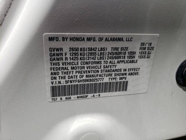 5FNYF6H59KB025777 Honda PILOT EXL