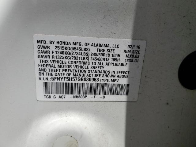 5FNYF5H57GB030963 Honda PILOT EXL