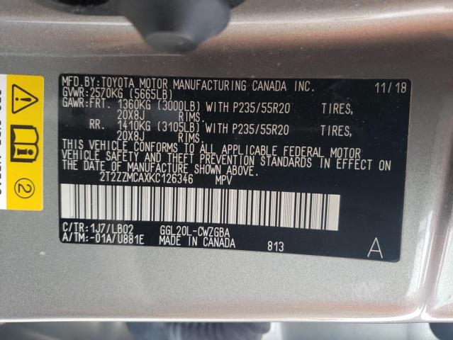 2T2ZZMCAXKC126346 Lexus Rx 350 Base