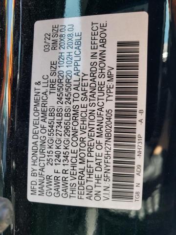 5FNYF5H27NB020405 Honda PILOT SE